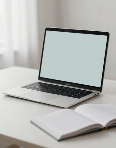 A high-end, minimalist workspace with a sleek laptop, a single design book, and a neutral-toned desk. The style is clean and professional, featuring a palette of #F0F4F4 and #3F5E5C with soft, diffused morning light.