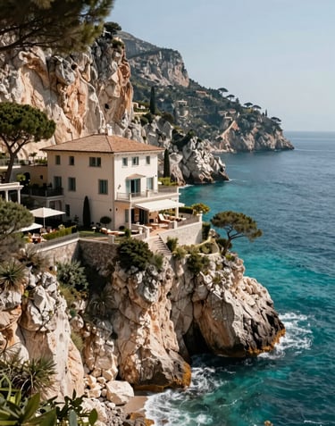 A breathtaking photograph of a luxury Mediterranean estate perched on a cliffside, overlooking turquoise waters. The composition highlights the privacy and exclusivity of the location. Global / Sophisticated Traveler destination.