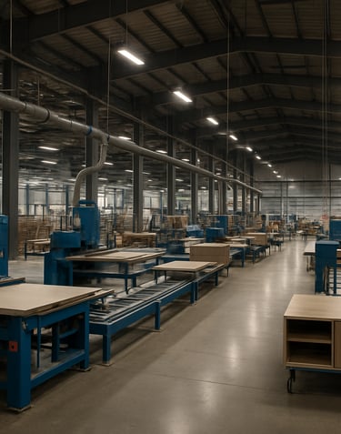 A wide-angle shot of a modern manufacturing facility in Pune, India, showing clean production lines for high-end furniture with steel blue machinery.