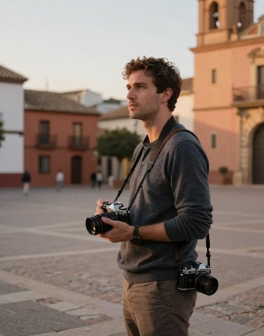 A cinematic vertical portrait of a lifestyle photographer with an analogue camera hanging from his shoulder, standing in a historic Spanish village plaza during a warm golden hour, Spain / Southern Europe. Soft terracotta walls, natural and inviting style.