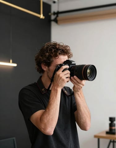 A professional photographer in a modern Turkish / Istanbul studio setting, holding a professional camera. The background is a minimalist mix of deep charcoal black and soft off-white with metallic warm gold lighting fixtures.