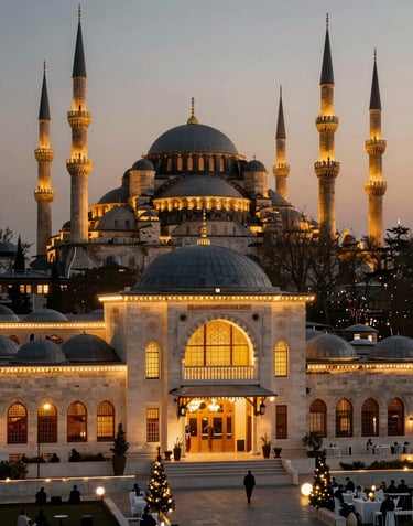 A wide-angle landscape shot of a Turkish / Istanbul wedding venue at dusk. Warm golden lights illuminating off-white architecture, shot in a luxurious, cinematic photography style.