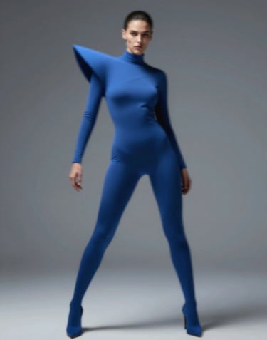 High-fashion model in a dynamic pose, wearing avant-garde clothing in #3D5A80, standing in a void with #1A202C background, tech-art fusion style.