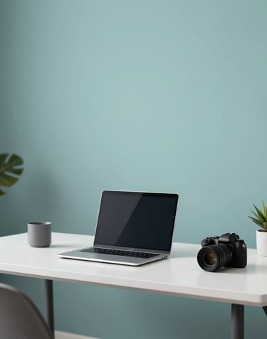 Wide shot of a minimalist home office with a laptop and professional camera. The scene is bathed in cool tones of #98C1D9 and #1A202C. High-end, clean, and modern workspace vibe.