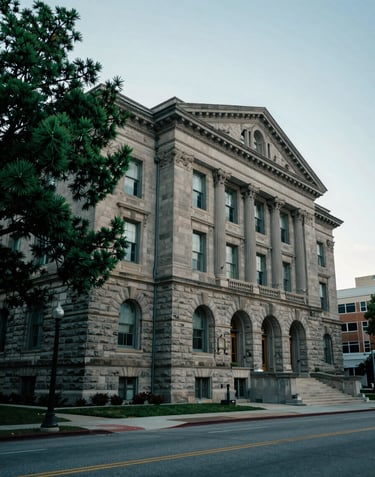 A long-exposure photograph of a historic stone institutional building, such as a courthouse or university hall, in a North American / US city. The image conveys permanence and stability, utilizing shadows and deep pine green tones.