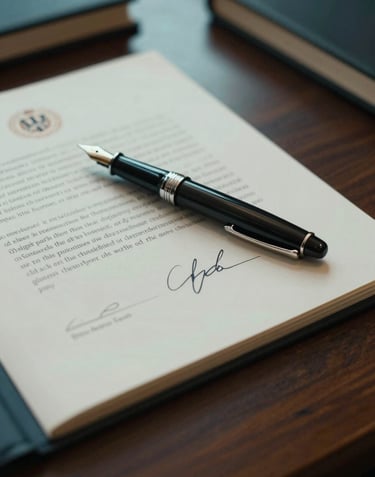 An evocative, close-up photograph of a fountain pen resting on a signed philanthropic agreement. The desk is dark wood, located in a North American / US professional office. The atmosphere is serious and distinguished with deep teal lighting.