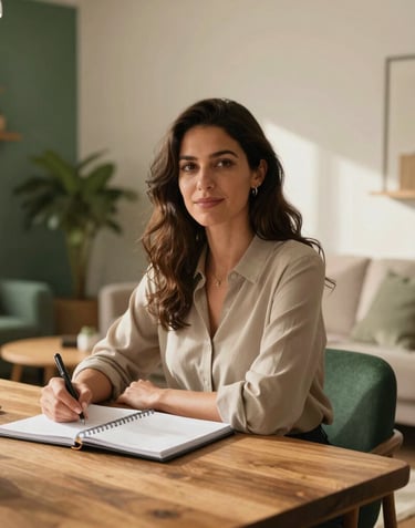 Warm editorial portrait of an empowered woman in a serene, modern apartment living room in Spain / Latin America, sitting calmly at a wooden table with a planner and soft natural sunlight, surrounded by warm cream and forest green interior details, professional and comforting atmosphere