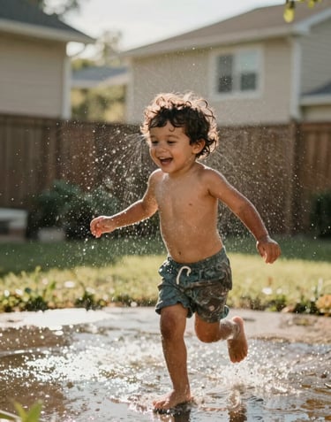 A lifestyle photography shot of a young child running through a backyard sprinkler in a North American suburb. The water droplets are frozen in mid-air, glistening in the warm afternoon sun. Authentic joy and movement, captured with a cinematic shallow depth of field.