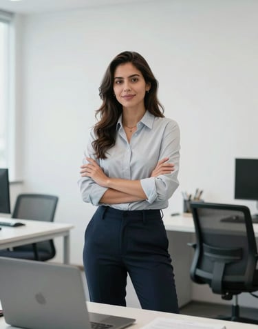 A professional real estate consultant in a modern South American / Ecuadorian office environment. The setting is minimalist with pure white walls and soft light gray furniture, looking confident and reliable.