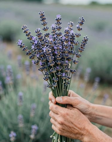Close up of weathered hands holding a bundle of freshly harvested lavender and wildflowers against a blurred background of a summer field. Colors include sage and muted teal.
