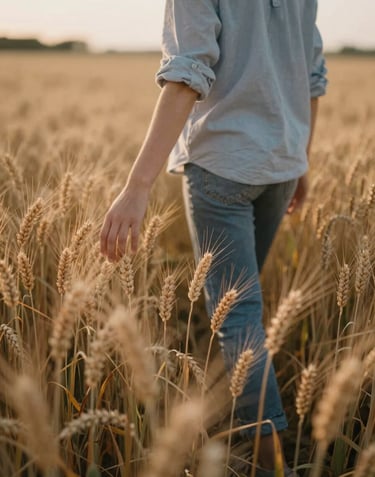 A person walking slowly through a sun-drenched wheat field at dusk, their hand brushing the tops of the grain. Serene, peaceful atmosphere with a focus on #F5F3ED and #B2CAA8 hues.