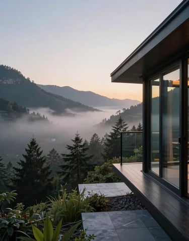 A breathtaking landscape of a mist-covered forest valley at dawn, viewed through the floor-to-ceiling glass of a sophisticated luxury cabin.
