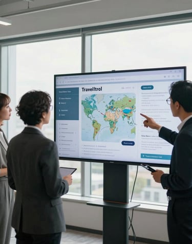 A professional team of consultants working in a bright, modern North American office with large windows, discussing travel plans on a large digital display.