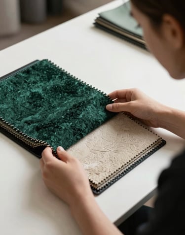 Professional interior designer at a soft white desk, selecting between fabric swatches in royal dark green and elegant beige textures.