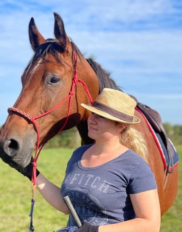 cheval et sa propriétaire le regard au loin