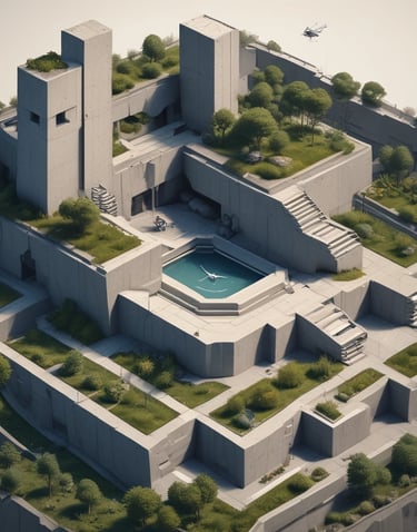 a building with a helicopter flying over a city