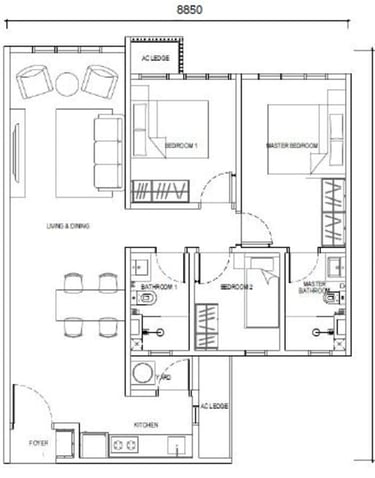 Type E2 layout – 850sf 3-bedroom 2-bathroom apartment without balcony, near RTS station