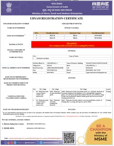 Udyam Registration Certificate of Ionexus Global for government-recognized business registration