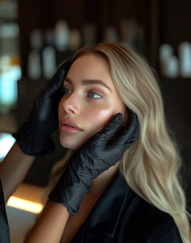 Aesthetic model being examined by an aesthetics practioner wearing black gloves in clinic