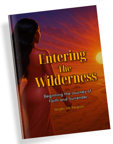 Entering the Wilderness book cover by Stephy On Purpose, woman in red dress at sunset, symbolizing faith and surrender.