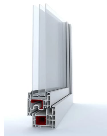 a window frame with a white frame and red trim