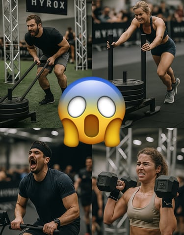 collage of brutal Hyrox exercises with shocked face emoji