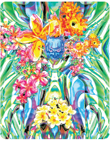 Pop art of the serpent in The Garden of Eden surrounded by blooming flowers.
