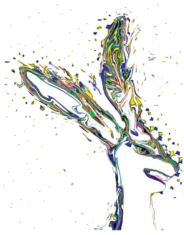 Pop art of a rabbit made of splashes of swirling color.
