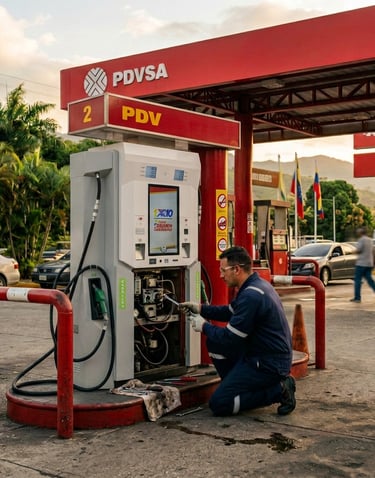 Técnico de Petrosur C.A. realizando mantenimiento y reparación de surtidor dispensador en estación
