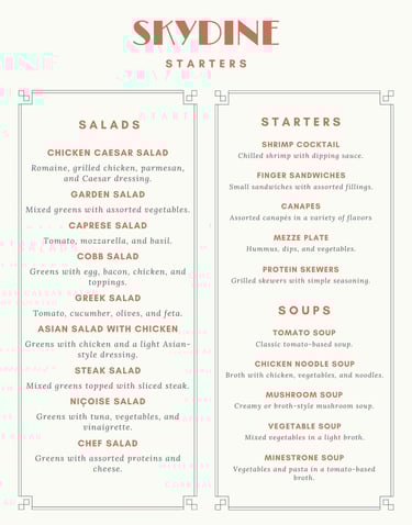 Salads and starters for private jet catering