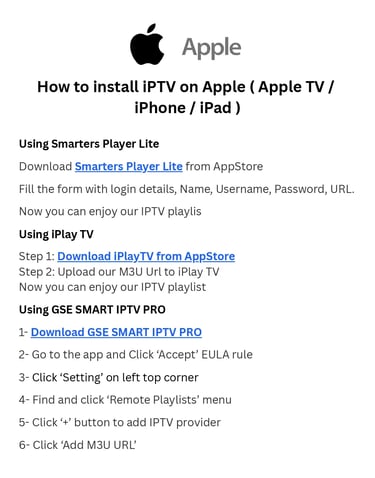 Guide on how to install IPTV on Apple TV, iPhone, and iPad using Smarters Player Lite and iPlay TV.