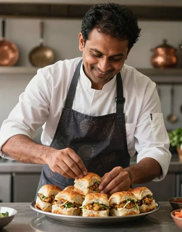 A candid, medium-shot photograph of a professional South Asian chef in a modern kitchen. He is smiling warmly, wearing a clean dark apron with subtle Indian patterns. He is carefully garnishing a beautiful platter of freshly made, golden-brown Vada Pav and Kothimbir Vadi. The background is softly blurred, showing glimpses of warm copper utensils and fresh ingredients, capturing a sense of culinary mastery and rustic charm.