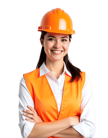 Smiling female construction engineer wearing an orange hard hat and safety vest with arms crossed.