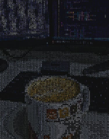 coding with a cup of coffee on a table in front of a dual screen setup with keyboard