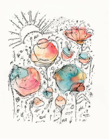 Illustration à l'encre et aquarelle avec des fleurs psychédéliques