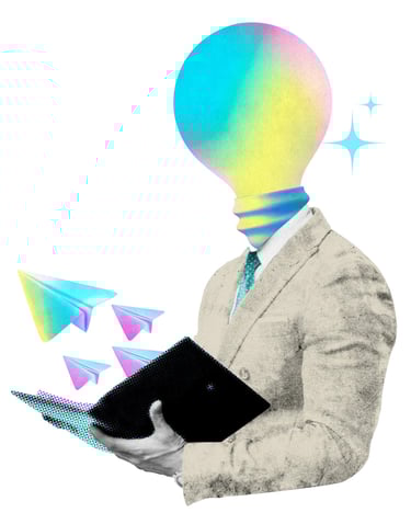 Geschäftsmann abstrakt dargestellt mit Glühbirne als Kopf und farbige Papierflieger