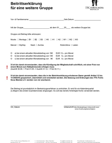 Beitrittserklärung für eine weitere Gruppe Vorschau