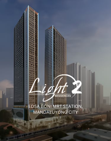 Modern high-rise Light 2 Residences condominium towers near EDSA Boni MRT Station in Mandaluyong City.