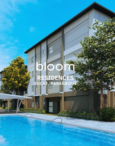 Modern condo building with a swimming pool at Bloom Residences in Sucat, Parañaque.