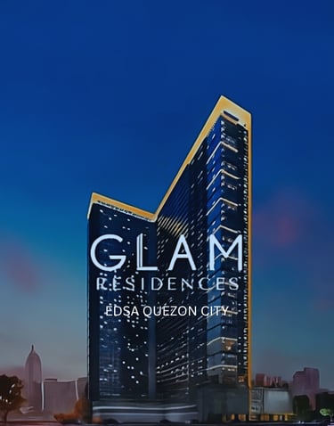 Luxury high-rise exterior of Glam Residences condo along EDSA in Quezon City at night.