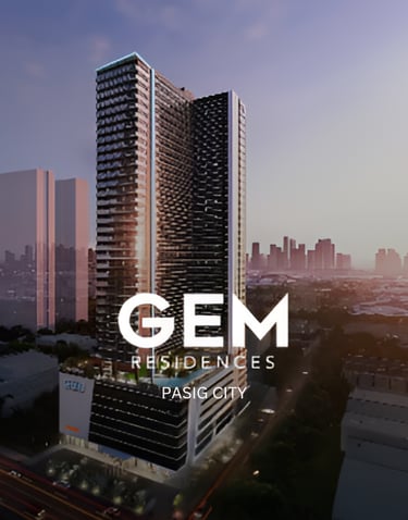 A high-rise rendering of Gem Residences in Pasig City featuring modern architecture and a city skyline.