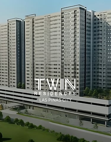 Modern high-rise facade of Twin Residences condominium in Las Pinas City.