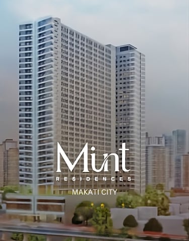 Modern high-rise exterior of Mint Residences condominium in Makati City skyline.