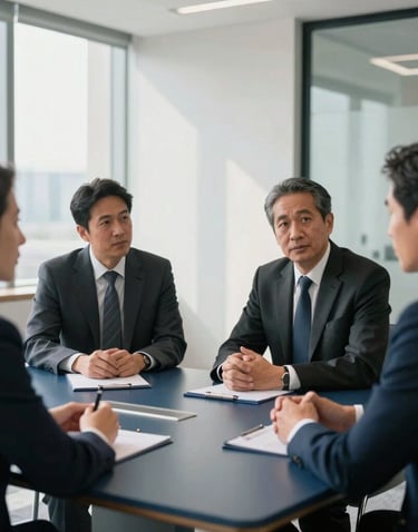 A professional medium-shot photograph of corporate leaders holding a strategic discussion around a dark slate blue conference table in a North American / US modern office building. Bright, natural daylight creates clean highlights against off-white walls and polished glass panels. High-trust, sophisticated corporate atmosphere with sharp depth of field.