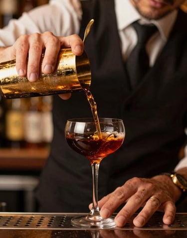 A professional, editorial-style photograph of a master mixologist at work in a premium Brazilian bar. Close-up on elegant hands carefully pouring a dark, rich amber liquid from a gold mixing tin into a vintage coupe glass. Warm golden lighting highlights the scene.