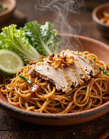 A appetizing food photograph of Javanese stir-fried noodles, Mie Goreng, served hot in a traditional clay plate. Decorated with fresh local vegetables, sliced chicken, and fried shallots, with warm golden lighting emphasizing the steam.