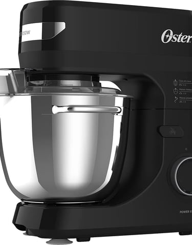 Black Oster planetary stand mixer with a stainless steel mixing bowl and splash guard.