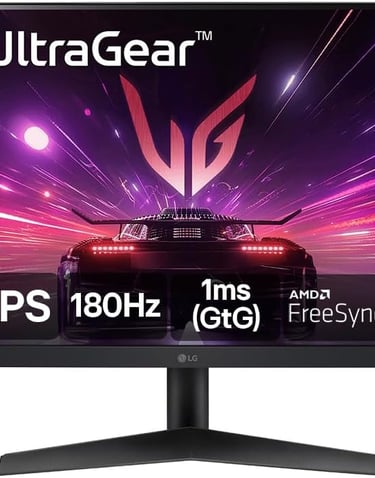 LG UltraGear gaming monitor with 180Hz refresh rate, 1ms GtG response time, and NVIDIA G-SYNC compatibility.