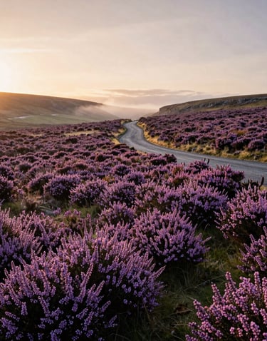A landscape of the North York Moors during late summer. Vast carpets of purple heather blooming under a soft golden hour sun. A winding narrow road leading toward a misty horizon.