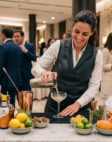 Une barmaid souriante prépare un cocktail pendant une réception événementiel de luxe.